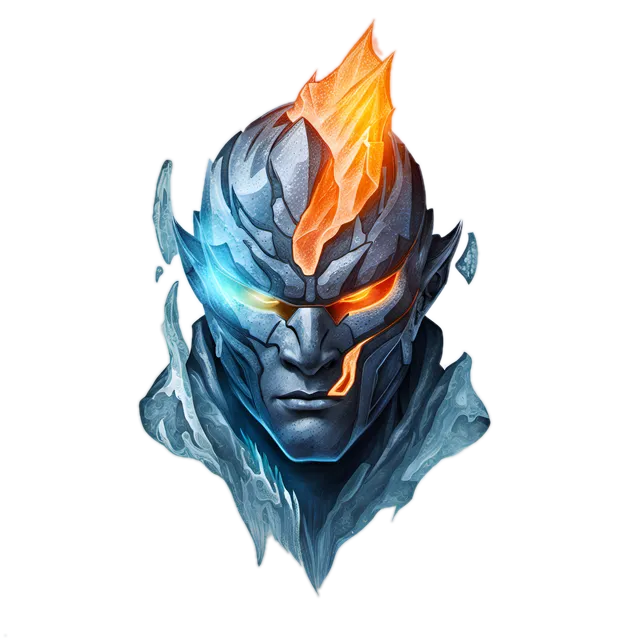 The IceLavaMan avatar: a stone face split down the middle, ice on one side and lava on the other.